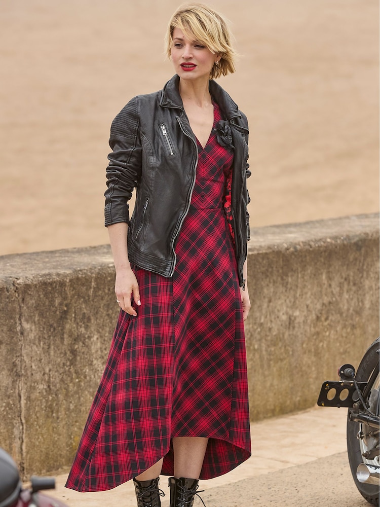 Joe Browns Red 100% Cotton Lace-Up Tartan Check High-Low Maxi Dress with Corsage - Image 7 of 8
