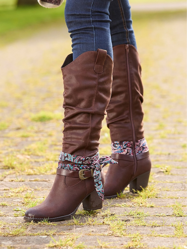 Joe Browns Brown Bandana Trim Knee High Long Boots - Image 2 of 6