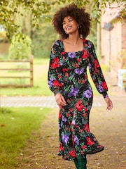 Joe Browns Red Balloon Sleeve Gathered Floral Midi Jersey Dress - Image 1 of 7