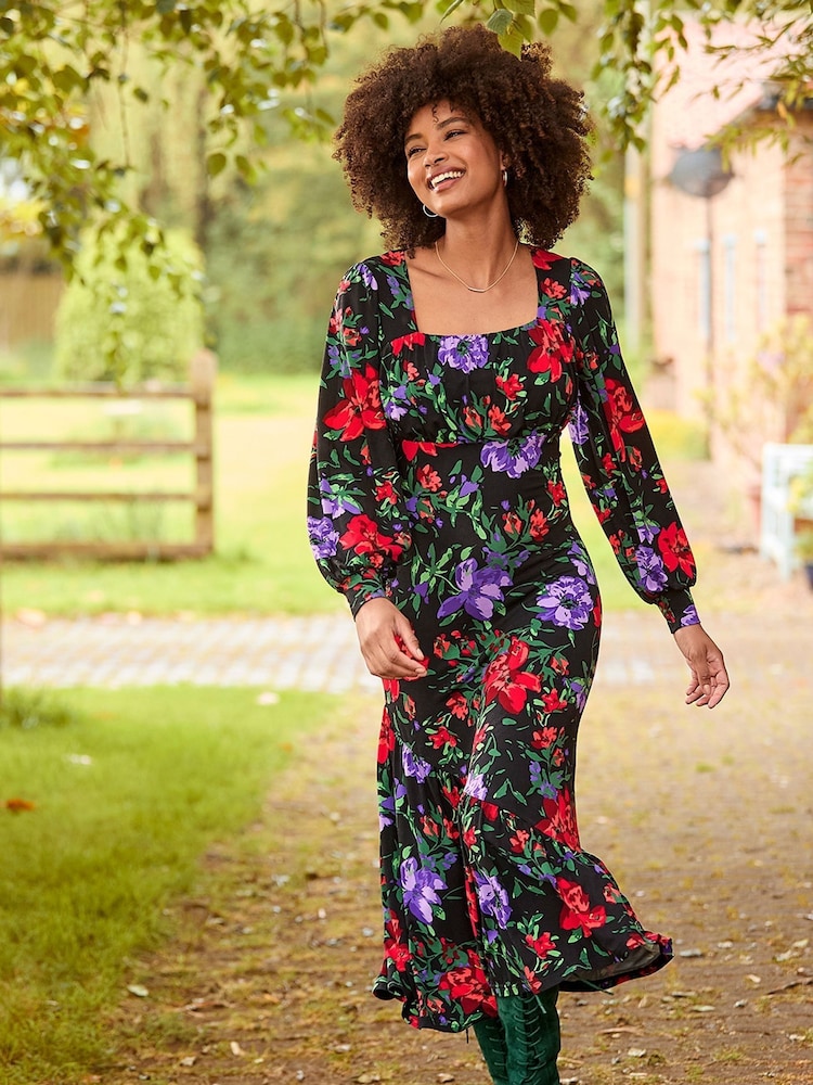 Joe Browns Red Balloon Sleeve Gathered Floral Midi Jersey Dress - Image 1 of 7