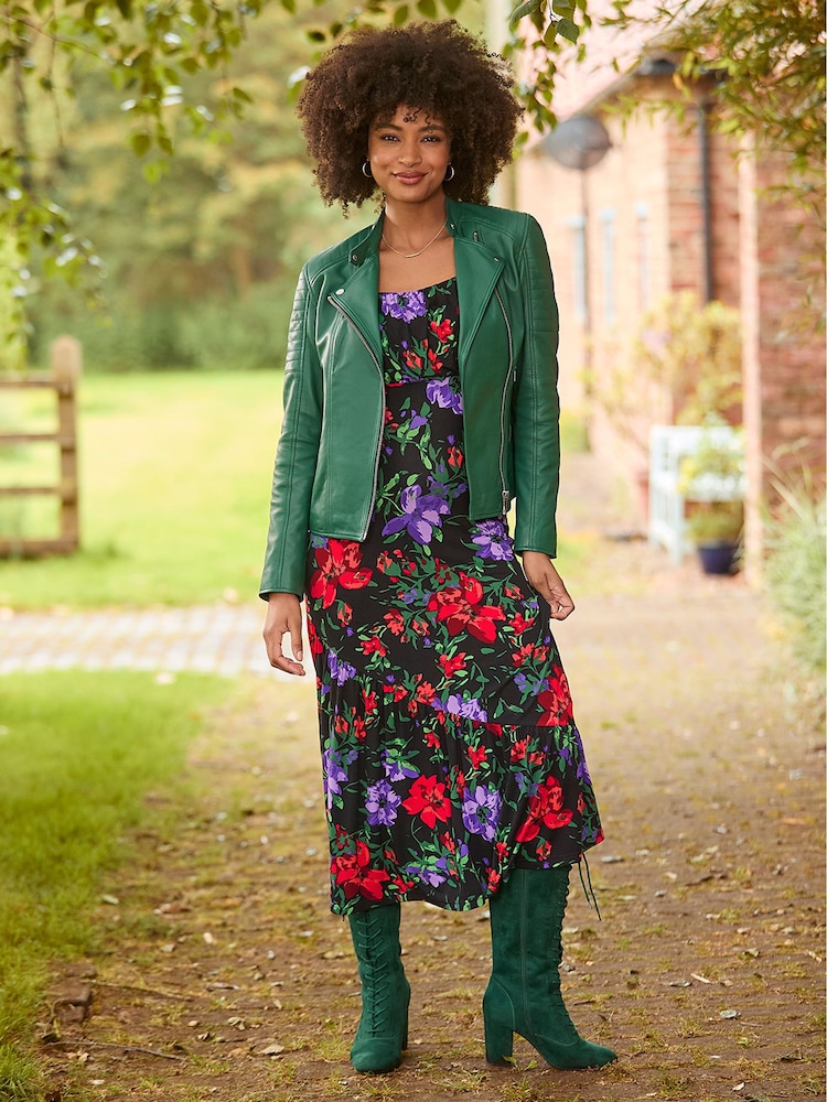 Joe Browns Red Balloon Sleeve Gathered Floral Midi Jersey Dress - Image 2 of 7