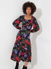 Joe Browns Red Balloon Sleeve Gathered Floral Midi Jersey Dress - Image 3 of 7
