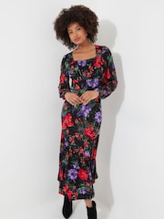 Joe Browns Red Balloon Sleeve Gathered Floral Midi Jersey Dress - Image 4 of 7