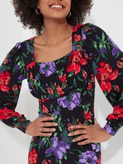 Joe Browns Red Balloon Sleeve Gathered Floral Midi Jersey Dress - Image 6 of 7