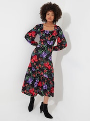 Joe Browns Red Balloon Sleeve Gathered Floral Midi Jersey Dress - Image 7 of 7