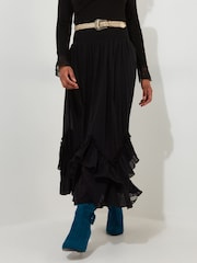 Joe Browns Black 100% Cotton Shirred Waist Lace Godet Cutabout Maxi Skirt - Image 1 of 5