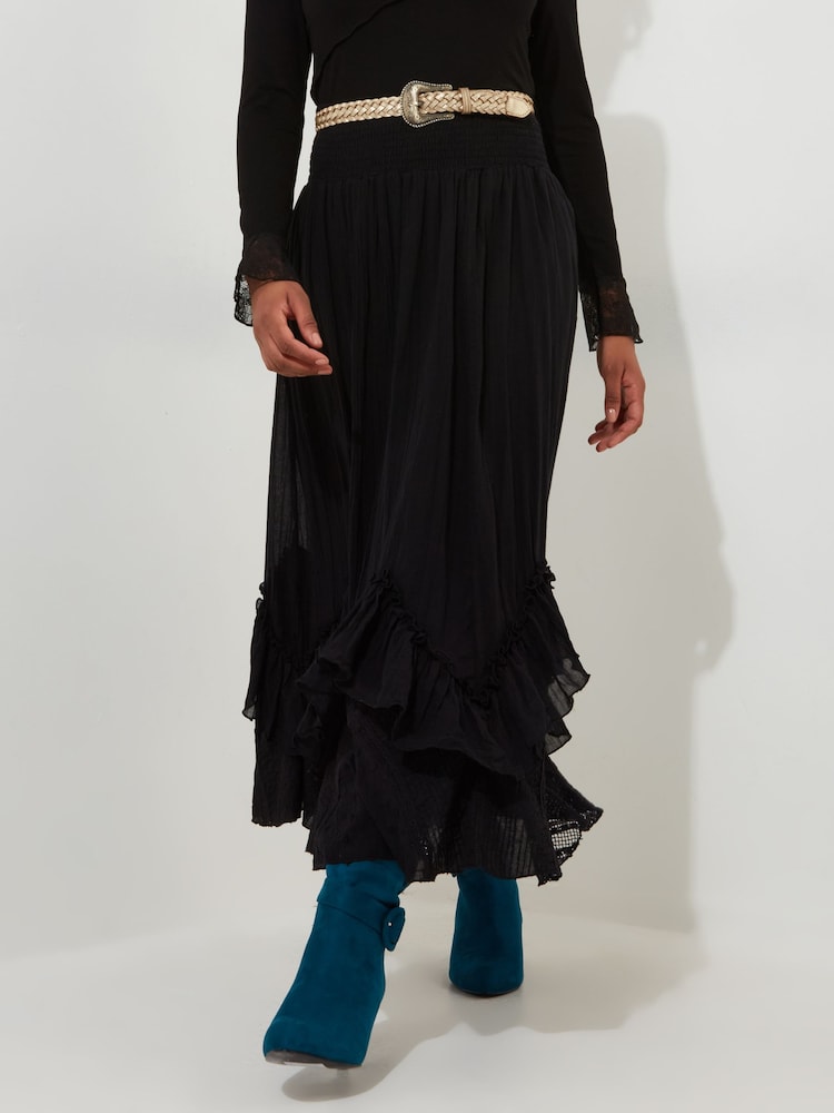 Joe Browns Black 100% Cotton Shirred Waist Lace Godet Cutabout Maxi Skirt - Image 1 of 5