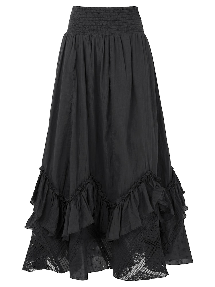 Joe Browns Black 100% Cotton Shirred Waist Lace Godet Cutabout Maxi Skirt - Image 5 of 5
