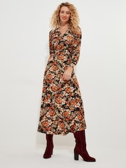Joe Browns Brown Autumnal Floral V-Neck Jersey Midi Dress - Image 1 of 5