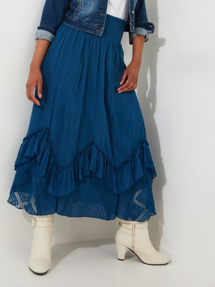 Joe Browns Blue 100% Cotton Shirred Waist Lace Godet Cutabout Maxi Skirt - Image 1 of 6