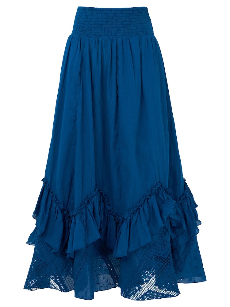 Joe Browns Blue 100% Cotton Shirred Waist Lace Godet Cutabout Maxi Skirt - Image 6 of 6