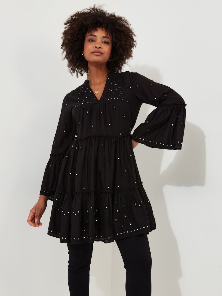 Joe Browns Black Diamanté Detail Tiered Sheer 100% Cotton Tunic Top - Image 2 of 7