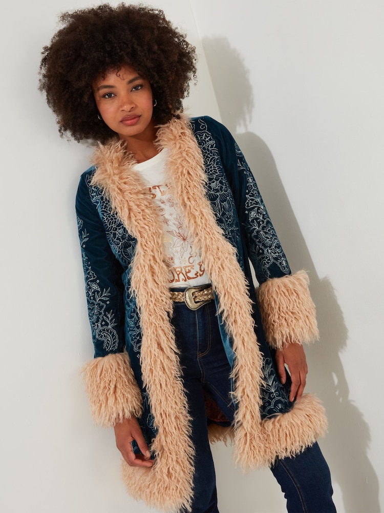 Joe Browns Green Boutique Boho Embroidered Shaggy Faux Fur Trim Coat - Image 1 of 10