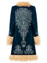 Joe Browns Green Boutique Boho Embroidered Shaggy Faux Fur Trim Coat - Image 10 of 10