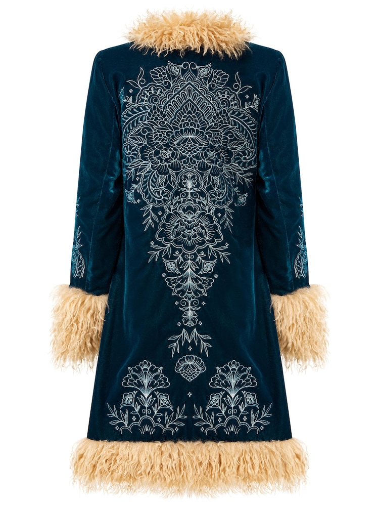 Joe Browns Green Boutique Boho Embroidered Shaggy Faux Fur Trim Coat - Image 10 of 10