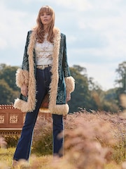 Joe Browns Green Boutique Boho Embroidered Shaggy Faux Fur Trim Coat - Image 2 of 10