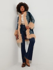 Joe Browns Green Boutique Boho Embroidered Shaggy Faux Fur Trim Coat - Image 3 of 10
