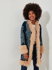 Joe Browns Green Boutique Boho Embroidered Shaggy Faux Fur Trim Coat - Image 5 of 10