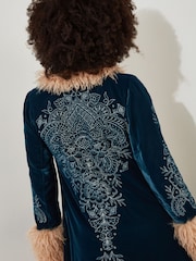 Joe Browns Green Boutique Boho Embroidered Shaggy Faux Fur Trim Coat - Image 7 of 10