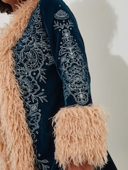 Joe Browns Green Boutique Boho Embroidered Shaggy Faux Fur Trim Coat - Image 8 of 10