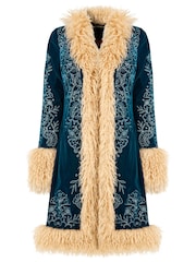 Joe Browns Green Boutique Boho Embroidered Shaggy Faux Fur Trim Coat - Image 9 of 10