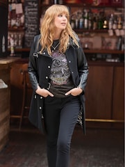 Joe Browns Black Slim Fit PU Sleeve Zip Detail Belted Coat - Image 2 of 8