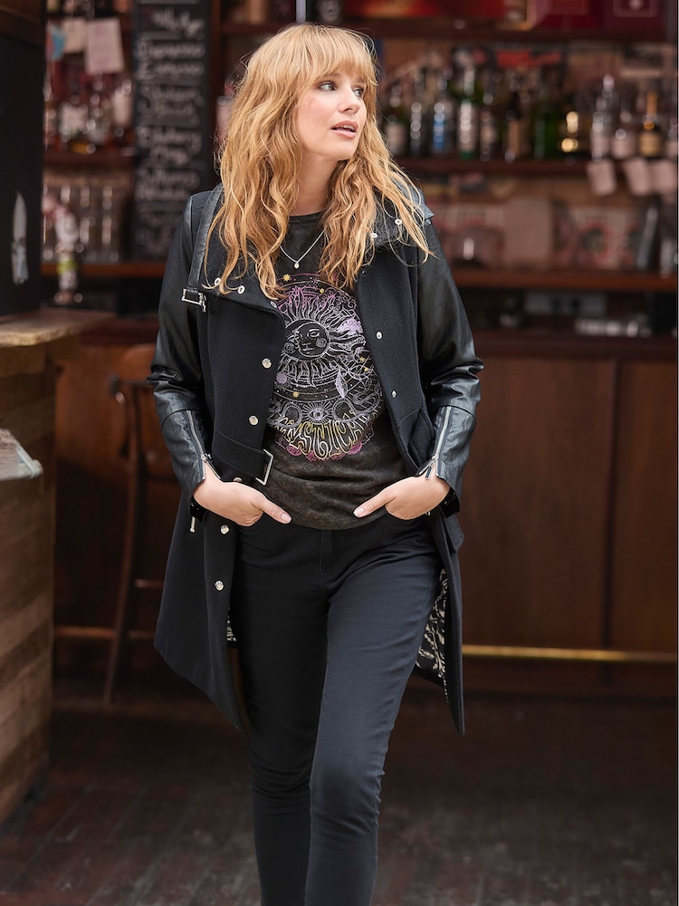 Joe Browns Black Slim Fit PU Sleeve Zip Detail Belted Coat - Image 2 of 8