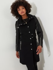 Joe Browns Black Slim Fit PU Sleeve Zip Detail Belted Coat - Image 3 of 8