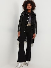 Joe Browns Black Slim Fit PU Sleeve Zip Detail Belted Coat - Image 4 of 8
