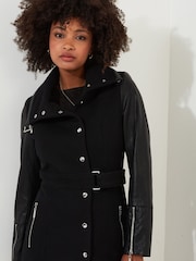 Joe Browns Black Slim Fit PU Sleeve Zip Detail Belted Coat - Image 6 of 8