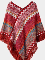 Joe Browns Red Bold Zig Zag Fringed Knitted Poncho - Image 1 of 2