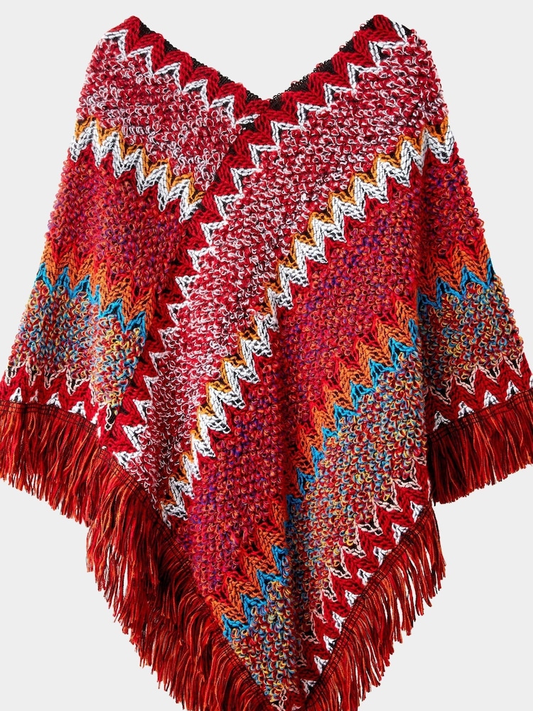 Joe Browns Red Bold Zig Zag Fringed Knitted Poncho - Image 1 of 2