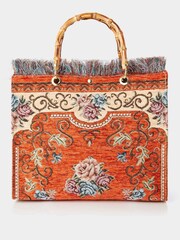 Joe Browns Orange Bamboo Handle Vintage Floral Print Fringed Carpet Bag - Image 1 of 5