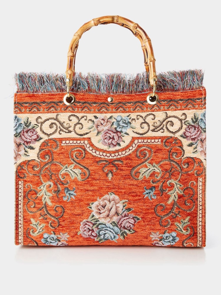 Joe Browns Orange Bamboo Handle Vintage Floral Print Fringed Carpet Bag - Image 1 of 5