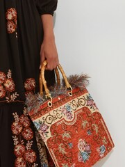 Joe Browns Orange Bamboo Handle Vintage Floral Print Fringed Carpet Bag - Image 2 of 5
