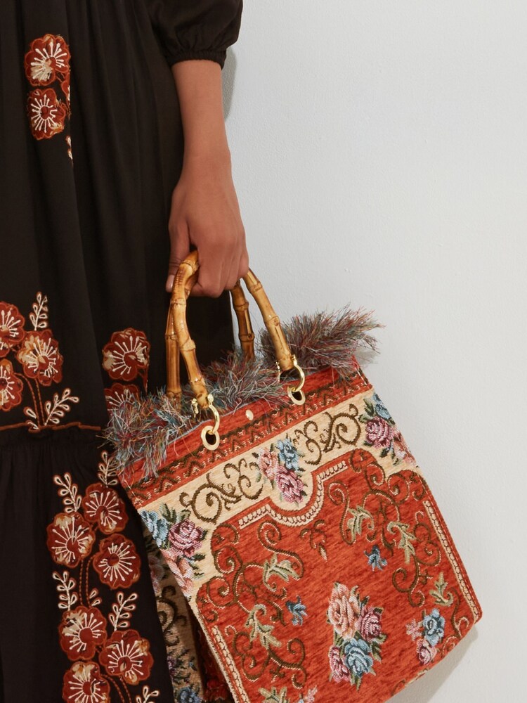Joe Browns Orange Bamboo Handle Vintage Floral Print Fringed Carpet Bag - Image 2 of 5