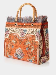 Joe Browns Orange Bamboo Handle Vintage Floral Print Fringed Carpet Bag - Image 3 of 5