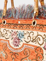 Joe Browns Orange Bamboo Handle Vintage Floral Print Fringed Carpet Bag - Image 4 of 5