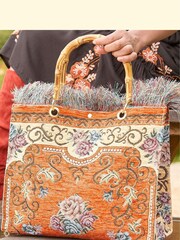 Joe Browns Orange Bamboo Handle Vintage Floral Print Fringed Carpet Bag - Image 5 of 5