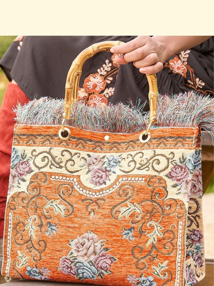 Joe Browns Orange Bamboo Handle Vintage Floral Print Fringed Carpet Bag - Image 5 of 5