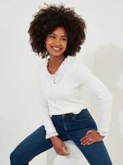 Joe Browns Cream Lace Trim Ribbon Tie Long Sleeve Ribbed Jersey Top - Image 1 of 5