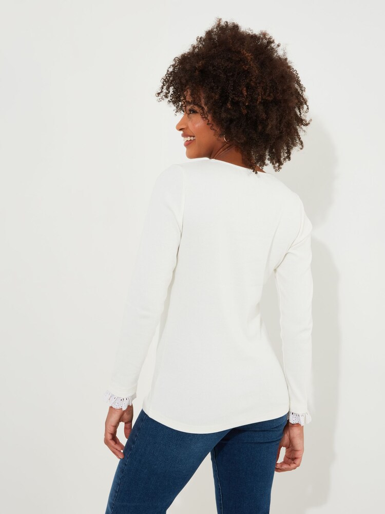 Joe Browns Cream Lace Trim Ribbon Tie Long Sleeve Ribbed Jersey Top - Image 2 of 5