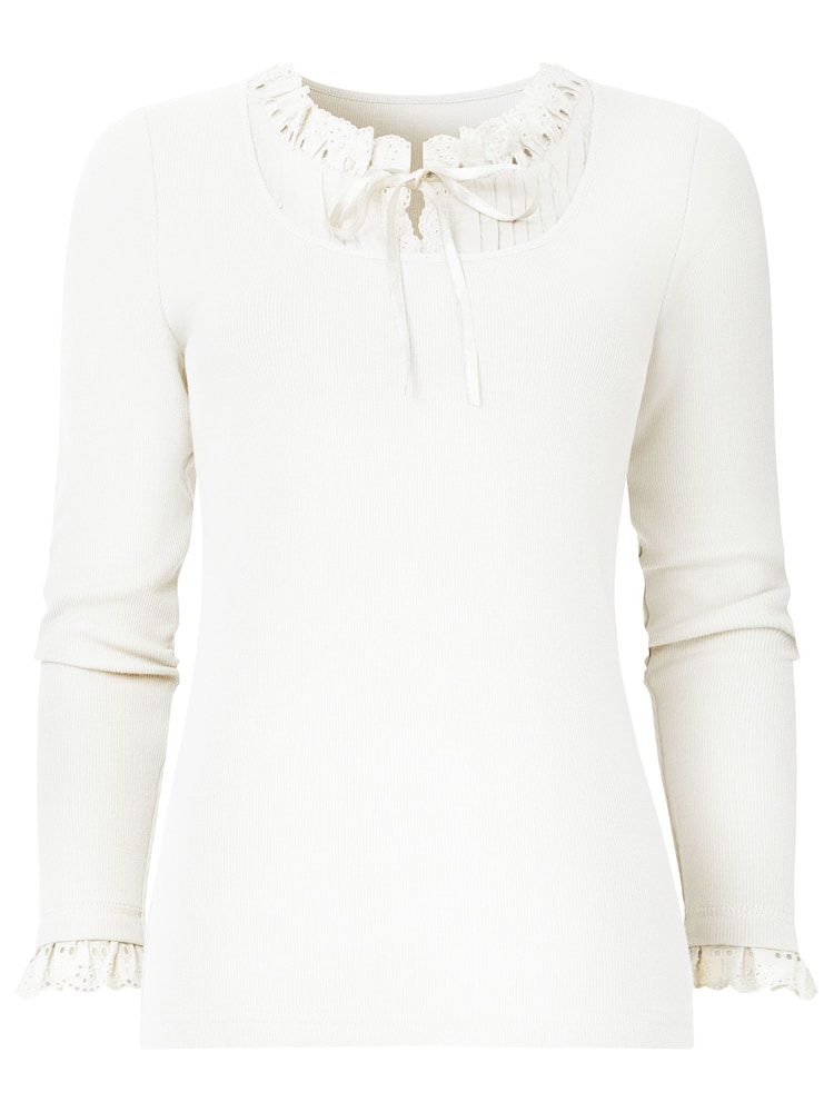Joe Browns Cream Lace Trim Ribbon Tie Long Sleeve Ribbed Jersey Top - Image 5 of 5