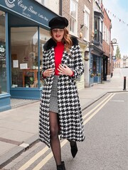 Joe Browns Black Detachable Faux Fur Collar Dogtooth Check Maxi Coat - Image 1 of 8