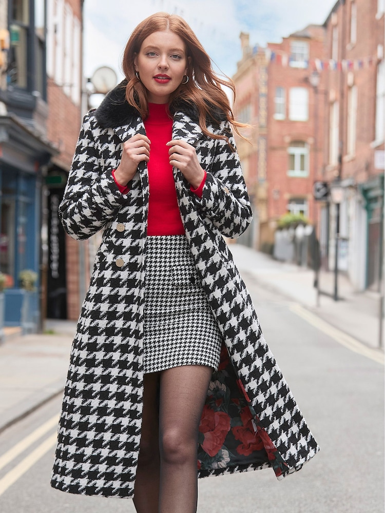 Joe Browns Black Detachable Faux Fur Collar Dogtooth Check Maxi Coat - Image 2 of 8