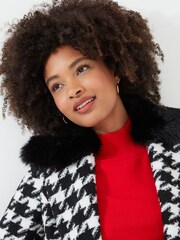Joe Browns Black Detachable Faux Fur Collar Dogtooth Check Maxi Coat - Image 4 of 8