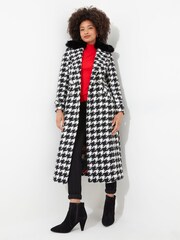 Joe Browns Black Detachable Faux Fur Collar Dogtooth Check Maxi Coat - Image 7 of 8
