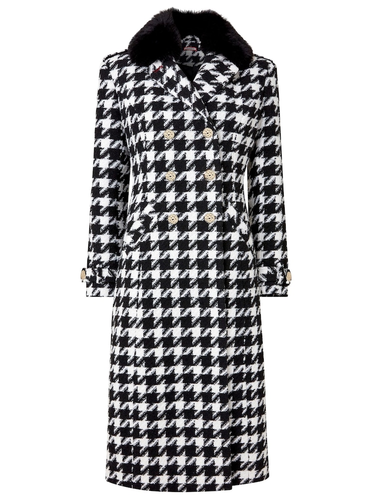 Joe Browns Black Detachable Faux Fur Collar Dogtooth Check Maxi Coat - Image 8 of 8