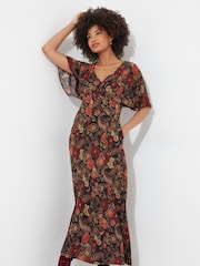 Joe Browns Brown Dark Autumn Floral Print Wide Sleeve Button Through Maxi Dress - Image 4 of 8