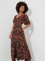 Joe Browns Brown Dark Autumn Floral Print Wide Sleeve Button Through Maxi Dress - Image 5 of 8